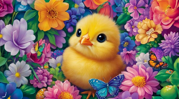 Cute yellow chick surrounded by colorful flowers and butterflies, Easter themed background.