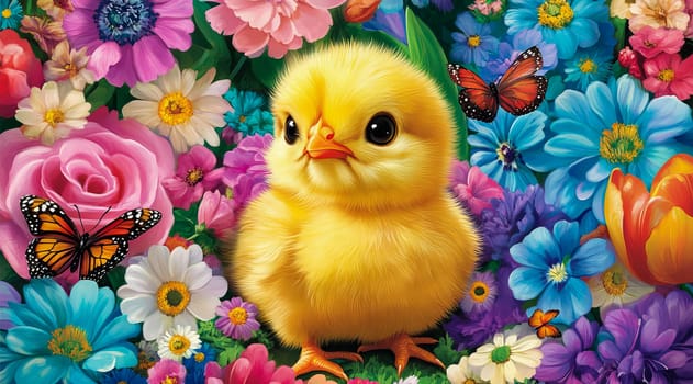 Cute yellow chick surrounded by colorful flowers and butterflies, Easter themed background.