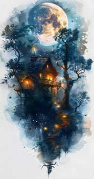A tree house nestled in a forest under a full moon backdrop, surrounded by tall palm trees and electric blue hues. A mystical landscape with a whimsical touch