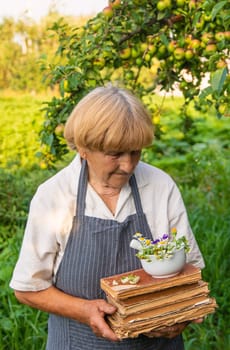 Woman with medicinal herbs in a meadow. Selective focus. nature.