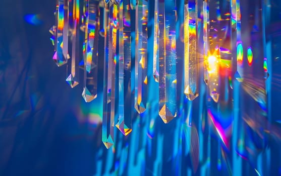 Abstract display of colorful light reflections on hanging crystal prisms