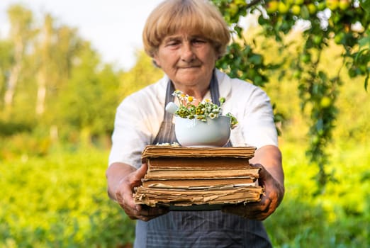 Woman with medicinal herbs in a meadow. Selective focus. nature.