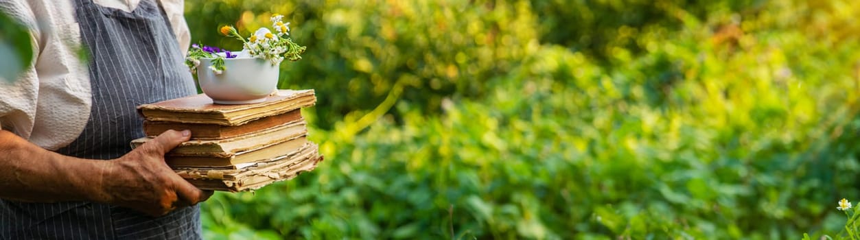 Woman with medicinal herbs in a meadow. Selective focus. nature.