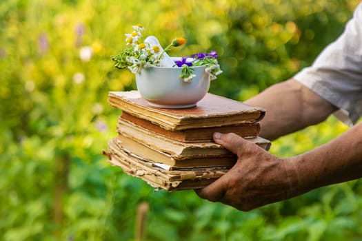 Woman with medicinal herbs in a meadow. Selective focus. nature.