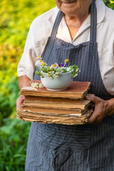Woman with medicinal herbs in a meadow. Selective focus. nature.