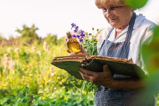 Woman with medicinal herbs in a meadow. Selective focus. nature.