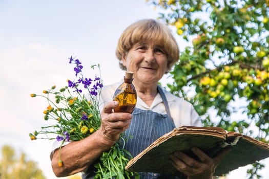 Woman with medicinal herbs in a meadow. Selective focus. nature.