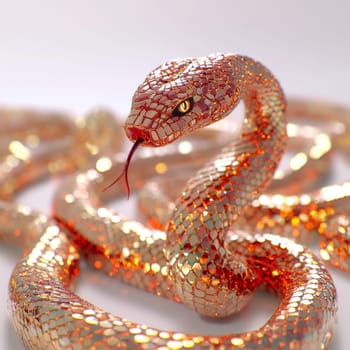 Close-up of a snake. The skin of the snake is covered with golden sequins, iridescent yellow and red. High quality photo