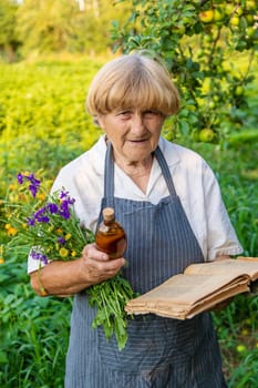 Woman with medicinal herbs in a meadow. Selective focus. nature.