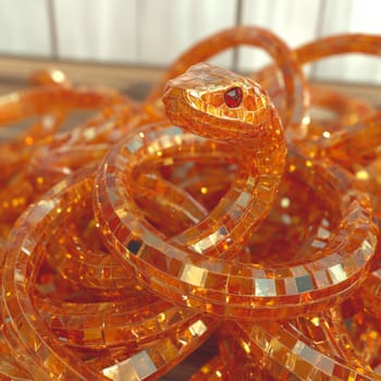 Close-up of a snake. The skin of the snake is covered with golden sequins, iridescent yellow and red. High quality photo