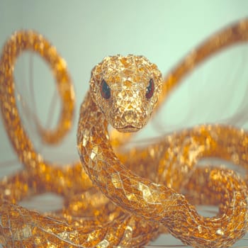 Close-up of a snake. The skin of the snake is covered with golden sequins, iridescent yellow and red. High quality photo