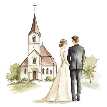 Image of bride and groom near church. High quality photo