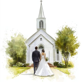 Image of bride and groom near church. High quality photo