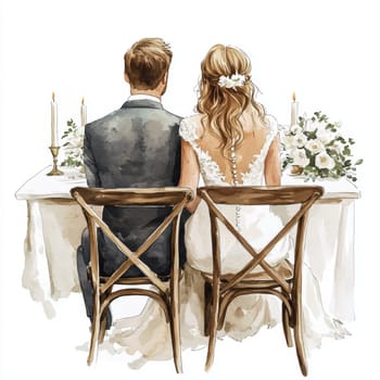 Image of the bride and groom in wedding dresses. They are sitting on chairs at the wedding table. Rear view. High quality photo