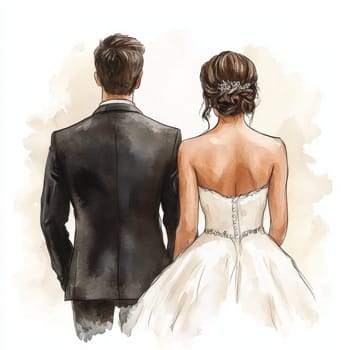 Image of the bride and groom in wedding dresses. Rear view. High quality photo