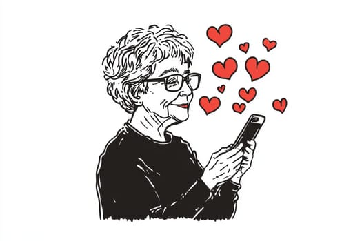 An elderly woman with a phone in her hands on a white background. High quality photo