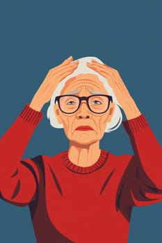 Gray-haired old woman, holding her head, suffering from headache. Sad pensioner in a burgundy sweater on a blue background. High quality photo