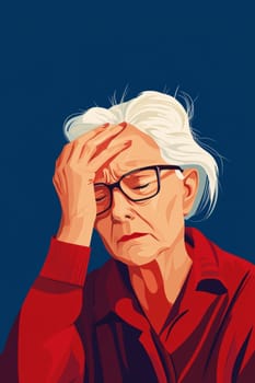 Gray-haired old woman, holding her head, suffering from headache. Sad pensioner in a burgundy sweater on a blue background. High quality photo