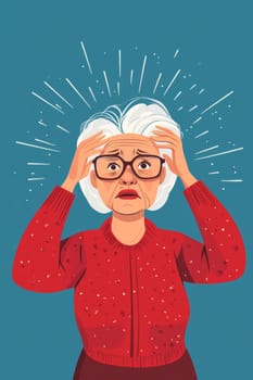Gray-haired old woman, holding her head, suffering from headache. Sad pensioner in a burgundy sweater on a blue background. High quality photo