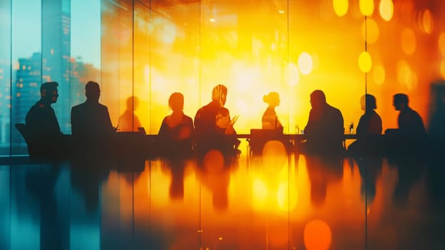 The meeting hall is illuminated by the rays of the setting sun. Colleagues are holding a meeting. High quality photo