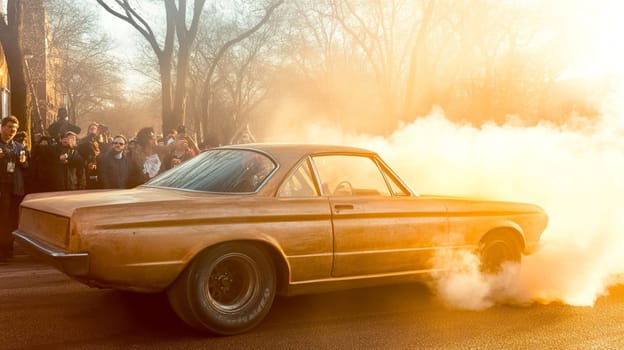Vintage muscle car burns rubber in front of a cheering crowd, exuding nostalgia and raw energy in a classic sixties style