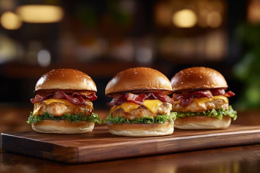 Three juicy tasty hamburgers lie on a wooden table in a bar or cafe. High quality photo