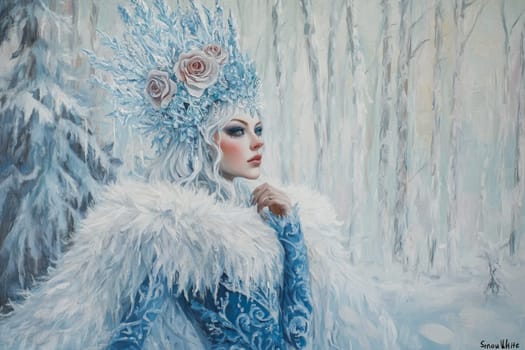 Portrait of a very beautiful woman in a winter forest, a fairy or mistress of the forest walks around her domain. High quality photo