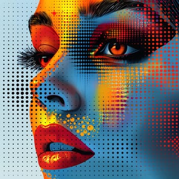 Vibrant pop art portrait of woman with dynamic halftone and bold color effects