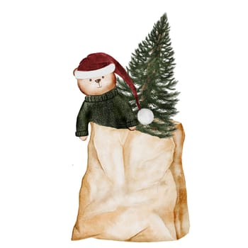 Christmas card watercolor. Christmas tree in a bag. Evergreen plant with a teddy bear in paper packaging on a white background. Ideal for New Year and Christmas cards and posters. High quality photo