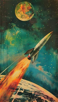 Vintage rocket soaring into space with a vibrant galaxy and distant planet