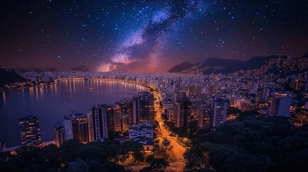 The milky way galaxy is shining bright over the city of rio de janeiro in brazil, illuminating the buildings and coastline