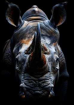 An artistic sculpture depicting a rhinos head in electric blue on a black background. The detailed snout and piercing eyes create a powerful image of this fictional wildlife character