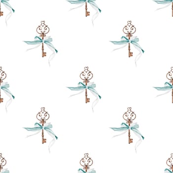 Pattern keys with ribbons. Hand drawing vintage things on isolated white background. Elegant ornament for printing on textiles or wallpaper. Baby design. For princesses. High quality illustration
