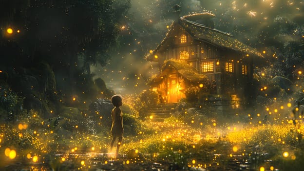 A young girl is standing in front of a house in a grassland landscape surrounded by fireflies. The scene is illuminated by the glow of the insects against the darkness of night