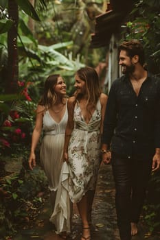 A man and two women are strolling through a dense forest filled with lush green trees and terrestrial plants, enjoying the natural landscape and having fun in the peaceful darkness of the woods