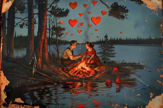 A painting of a couple sitting by a fire with hearts in the air. The painting has a romantic and intimate mood