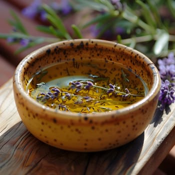 A flowerpot filled with oil and adorned with purple flowers, making it a beautiful and aromatic addition to any serveware or dish