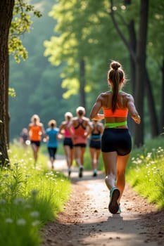 A group of women jog together along a scenic forest path, illuminated by warm sunlight filtering through the trees, creating an energizing atmosphere for their morning workout - Generative AI