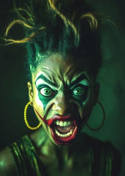 Woman with green dreadlocks and scary clown makeup screams fiercely, baring her teeth in a menacing expression, evoking fear and horror