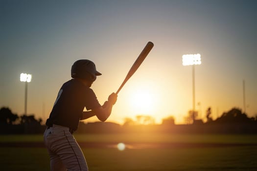 A baseball player is swinging a bat in the outfield. The sun is setting in the background, casting a warm glow over the field. The scene is peaceful and serene, with the player focused on the game