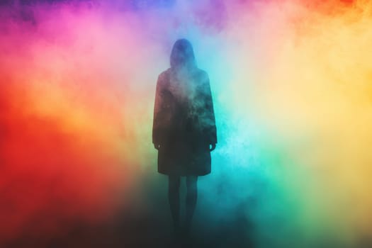 A woman stands in a colorful mist, with her silhouette visible. The scene is mysterious and surreal, with the woman appearing to be a ghostly figure in the midst of a rainbow. The colors of the mist