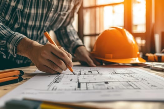 A man is drawing a building plan with a pen and a hard hat. Concept of construction and the importance of safety on a construction site