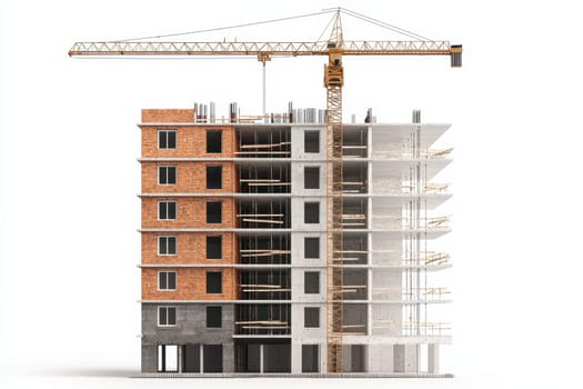 A large building with a crane in the background. The crane is in the middle of the building and is surrounded by windows. The building appears to be under construction, with scaffolding