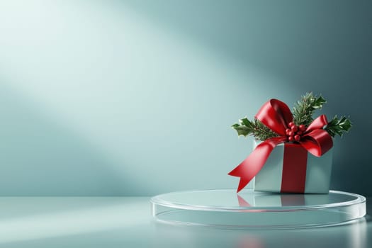 A white box with a red ribbon sits on a clear glass table. The box is decorated with red ribbon and holly leaves, giving it a festive and joyful appearance. The table is set against a blue background