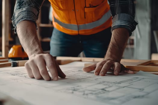 A man in an orange safety vest is drawing on a piece of paper. He is wearing a hard hat and is standing in front of a wooden table. The man is focused on his work