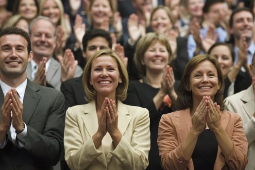A group of people are clapping and smiling at a performance. Scene is joyful and celebratory