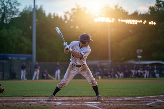 A baseball player is at bat, ready to swing his bat. The scene is set on a baseball field with several other players in the background. Scene is focused and intense