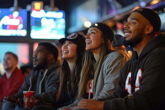 A group of people are watching a football game and one of them is wearing a number 44 jersey