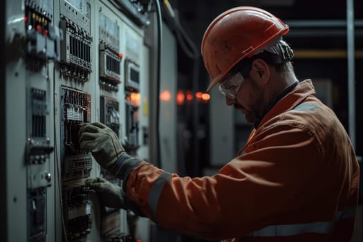 A man in an orange safety suit is working on a power panel. He is wearing a hard hat and safety glasses