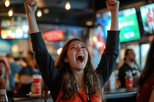 A woman is celebrating with her hands raised in the air. She is wearing a red shirt and a black jacket. There are several other people in the background, some of whom are also celebrating